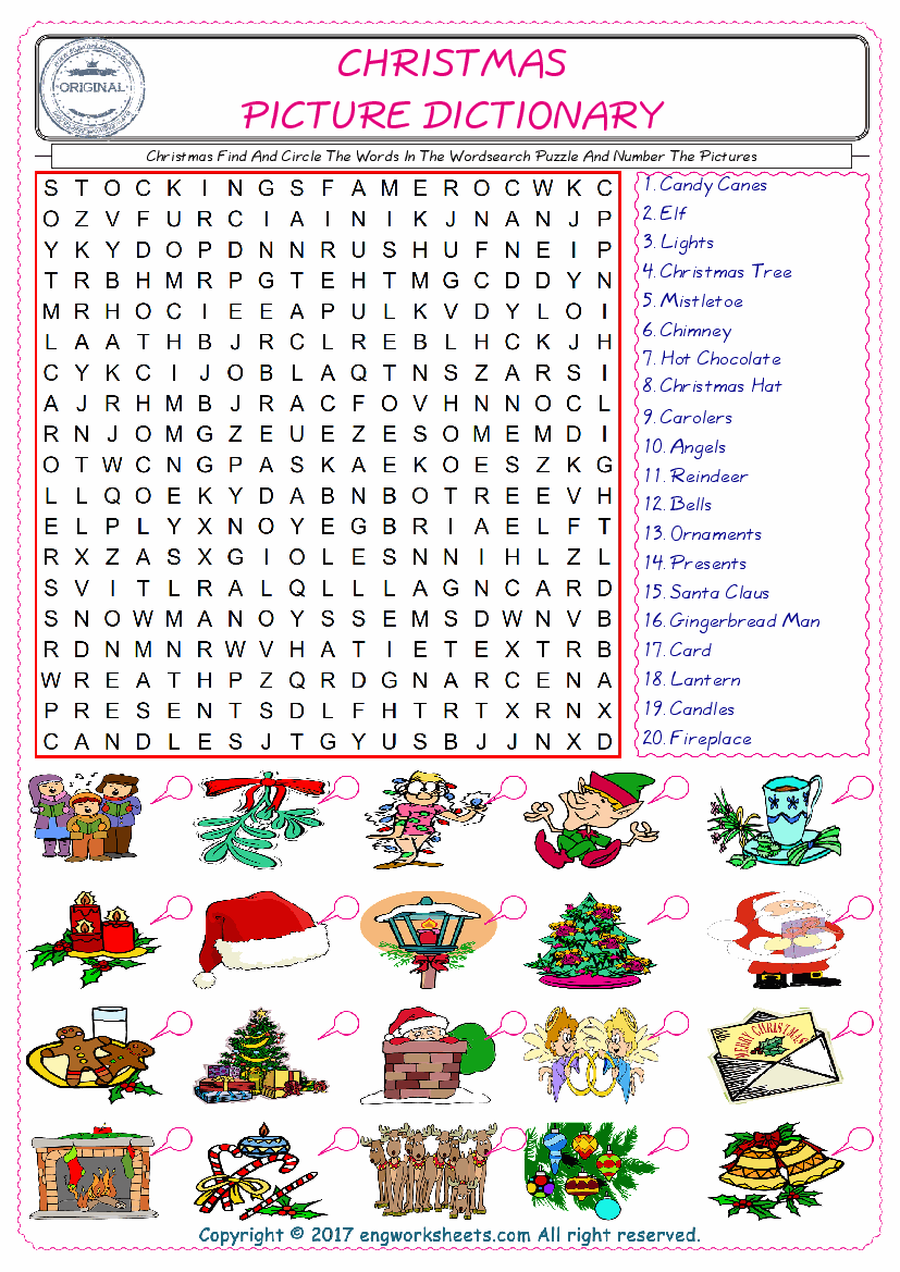  ESL wordsearch worksheets for kids, find Christmas words in the word wordsearch write its number on its picture English worksheet. 